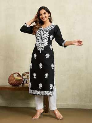 Lusiva Women Embroidered Straight Kurta(Black)