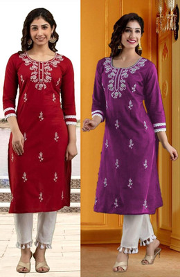 vikshi Women Chikan Embroidery Straight Kurta(Multicolor)