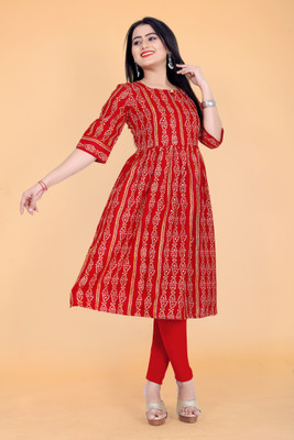 Wonaya Tex Fab Women Printed A-line Kurta(Red)