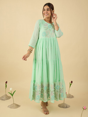 Indo Era Women Embroidered A-line Kurta(Green)