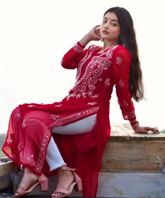 AA handwork chikankari Women Chikan Embroidery A-line Kurta(Red)