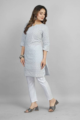 Anashra Women Chikan Embroidery Straight Kurta(Grey)