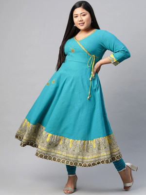 Yash Gallery Women Printed Flared Kurta(Light Blue)