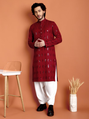 TIBRA Men Self Design Straight Kurta(Red)