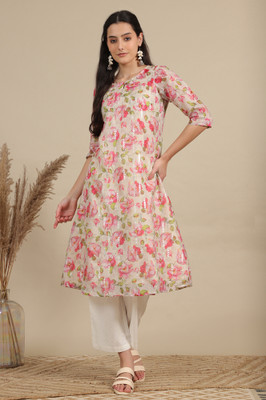 Aurelia Women Floral Print A-line Kurta(Pink)