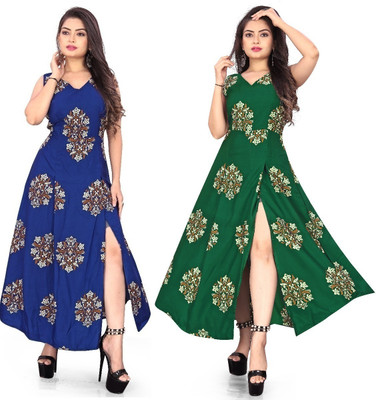 tanvi creation Women Printed Frontslit Kurta(Blue)