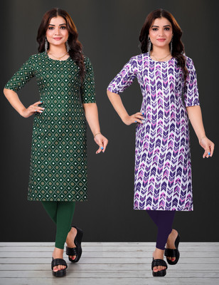 YATKSH Women Printed Straight Kurta(Purple)