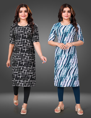 KASASKA Women Printed Straight Kurta(Dark Blue)