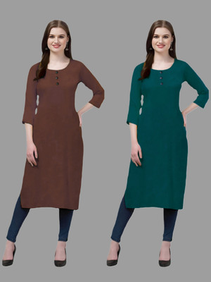 HOFC Women Solid Straight Kurta(Maroon, Dark Green)