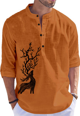 Fashion Marts Men Floral Print Straight Kurta(Brown)