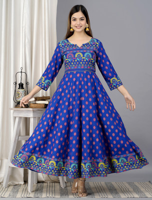 RV EXPO Women Block Print Anarkali Kurta(Blue)