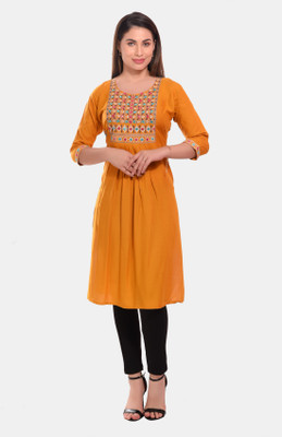 kritya Women Embroidered Straight Kurta(Yellow)