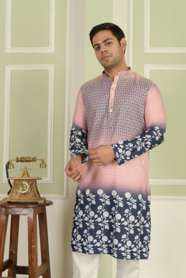 LEMONX Men Printed Straight Kurta(Pink)