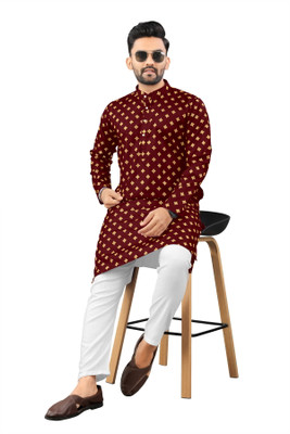 Shree Dutt Creation Men Polka Print Straight Kurta(Maroon)