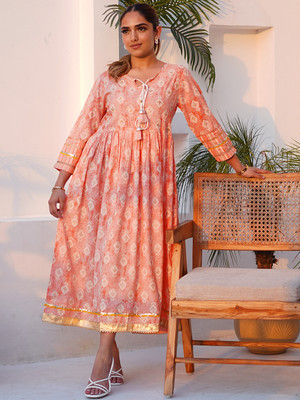 LIBAS Women Printed Flared Kurta(Pink)