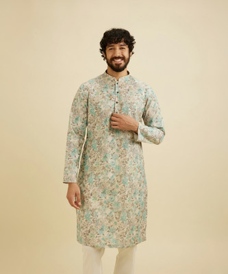 MANYAVAR Men Floral Print Straight Kurta(Green)
