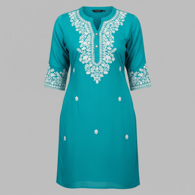 HashnHoney Women Embroidered A-line Kurta(Blue)