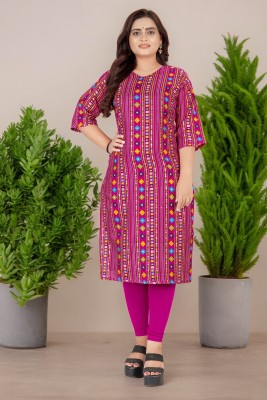 Raghav Silk Studio Women Printed Straight Kurta(Pink)