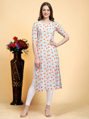 1 Stop Fashion Women Printed Straight Kurta(White)