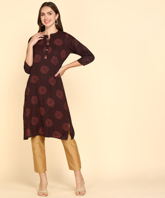 SATVEER FASHION Women Printed Straight Kurta(Brown, Purple)