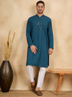 House of Pataudi Men Embellished Straight Kurta(Blue)