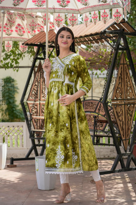 Divastri Women Chikan Embroidery Flared Kurta(Light Green)