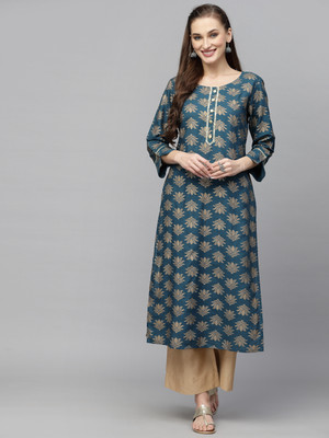 Stylum Women Printed Straight Kurta(Dark Blue)