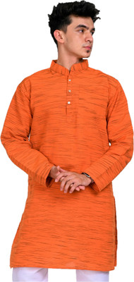 Aryah More Men Self Design Straight Kurta(Orange)
