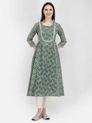 Span Women Self Design A-line Kurta(Green, Light Green)