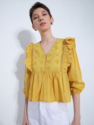 LIMEROAD Women Embroidered A-line Kurta(Yellow)