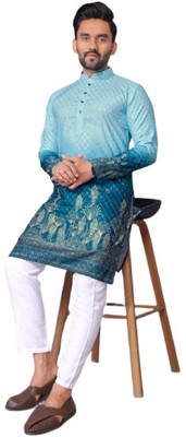 madhavwears Men Printed A-line Kurta(Light Blue)