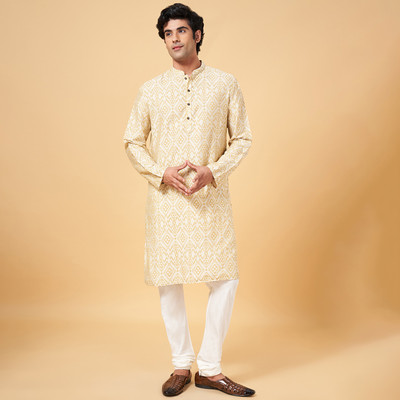 Indus Route by Pantaloons Men Printed A-line Kurta(Yellow)