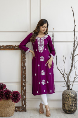 PETOPIAN Women Embroidered Straight Kurta(Purple)