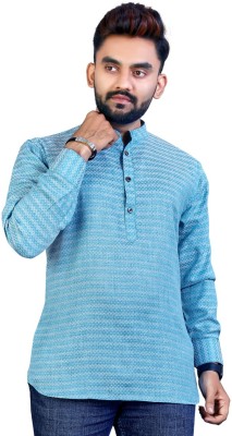 THE HEVAN LOOKS Men Applique A-line Kurta(Blue)