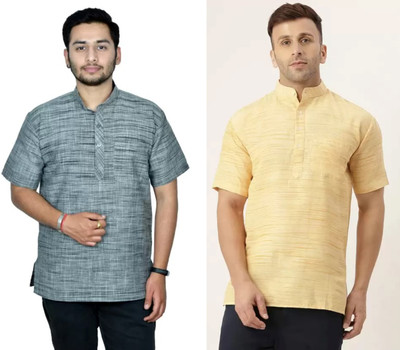 isdfabric Men Self Design Straight Kurta(Black, Yellow)