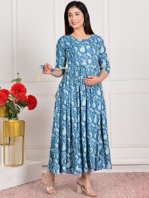 Jixpox Women Floral Print Flared Kurta(Blue)