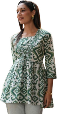 Lakhdatar Fashion Women Ikat, Printed Kaftan Kurta(White, Green)
