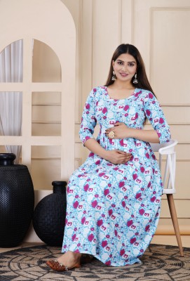 Puruvanshi Women Floral Print Flared Kurta(Light Blue, White, Pink)