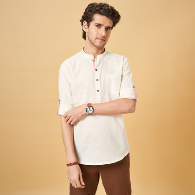 Indus Route by Pantaloons Men Self Design Straight Kurta(White)