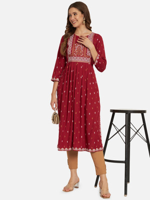 ASHRU Women Printed Anarkali Kurta(Maroon)