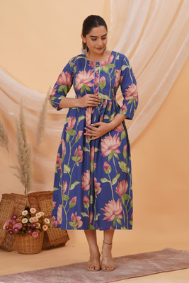 HARIOMCOLLECTIO Women Floral Print Gown Kurta(Blue)