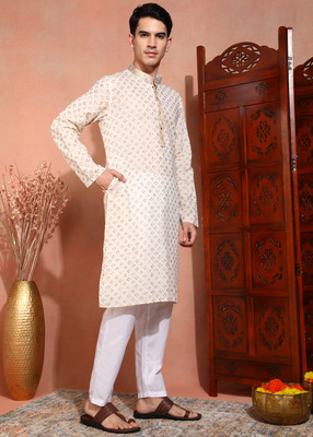 SWAGG INDIA Men Embroidered A-line Kurta(White)
