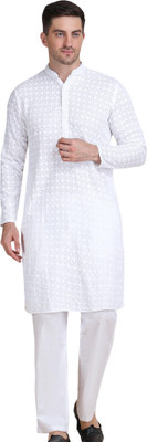 GALAD Men Chikan Embroidery Straight Kurta(White)
