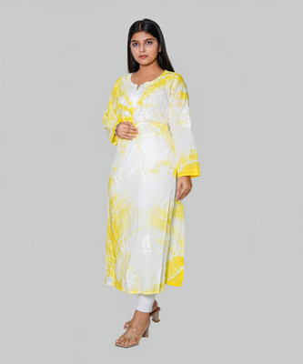 RANGAA NAWAAB Women Chikan Embroidery, Embroidered Straight Kurta(Yellow, White)