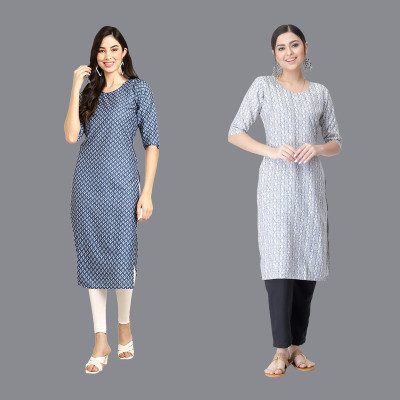 EthnicBasket Women Printed Straight Kurta(Dark Blue, White, Grey)