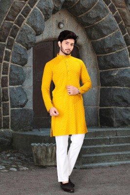 MENTIFIC Men Chikan Embroidery Straight Kurta(Yellow)