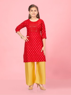 Aarika Girls Festive & Party Kurta and Palazzo Set(Red Pack of 1)