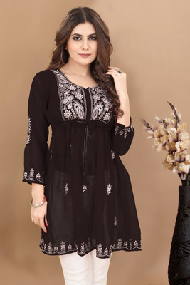 Param emporium Women Embroidered Flared Kurta(Black)
