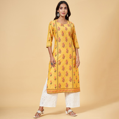 Rangmanch by Pantaloons Women Printed Straight Kurta(Yellow)