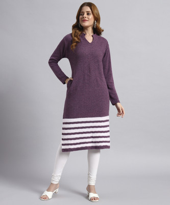 DRESSBASE Women Striped, Self Design Straight Kurta(Purple)